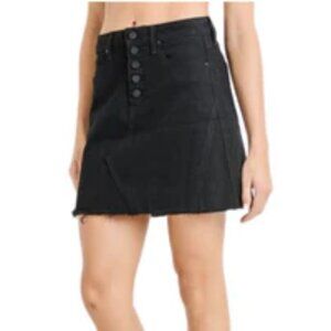 Just Black Denim Black Button Fly Mini Skirt Raw Hem Medium